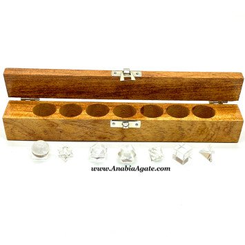 Crystal Quartz 7pcs Sacred Geometry Set with Wooden Box | Healing Crystals and Stones