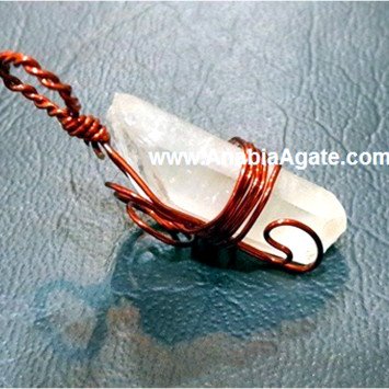 Crystal Quartz Copper Wire Wrapped Pencil Pendant - Handcrafted Jewelry