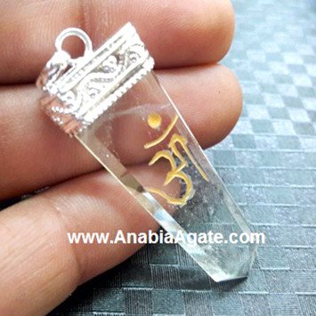 Crystal Quartz Engraved OM Flat Stick Pendant - Chakra Meditation