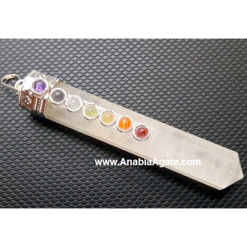 Crystal Quartz Pencil Pendant with Chakra Cabochons - Healing Gemstone Jewelry