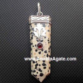 Dalmatian Jasper Flat Stick Pendant With Garnet - Natural Stone Jewelry