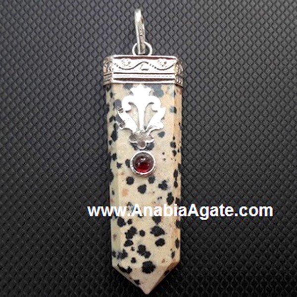 Dalmatian Jasper Flat Stick Pendant With Garnet - Natural Stone Jewelry