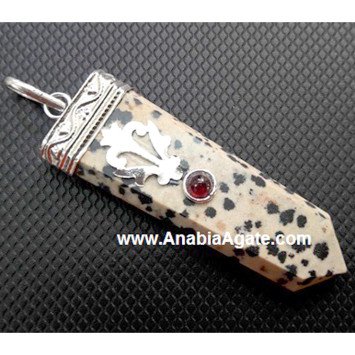 Dalmatian Jasper Flat Stick Pendant With Garnet - Natural Stone Jewelry