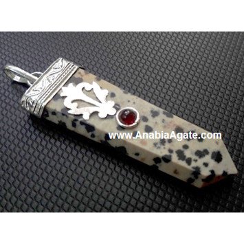 Dalmatian Jasper Flat Stick Pendant With Garnet - Natural Stone Jewelry