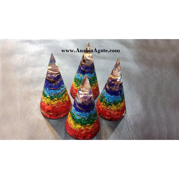 Chakra Layered Copper Wire Wrapped Orgone Cones - Balancing Energy