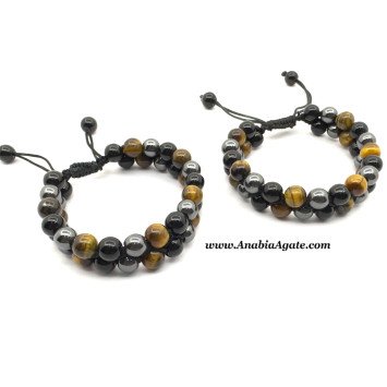 Dual Layer Triple Protection Power Bracelet - Tiger's Eye, Hematite, Black Obsidian