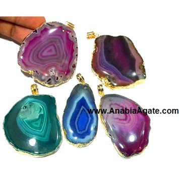 Dyed Agate Slice Golden Electroplated Pendants