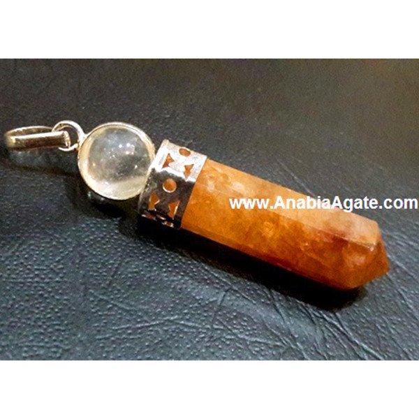 Orange Aventurine Cap Pencil Pendant With Crystal Ball