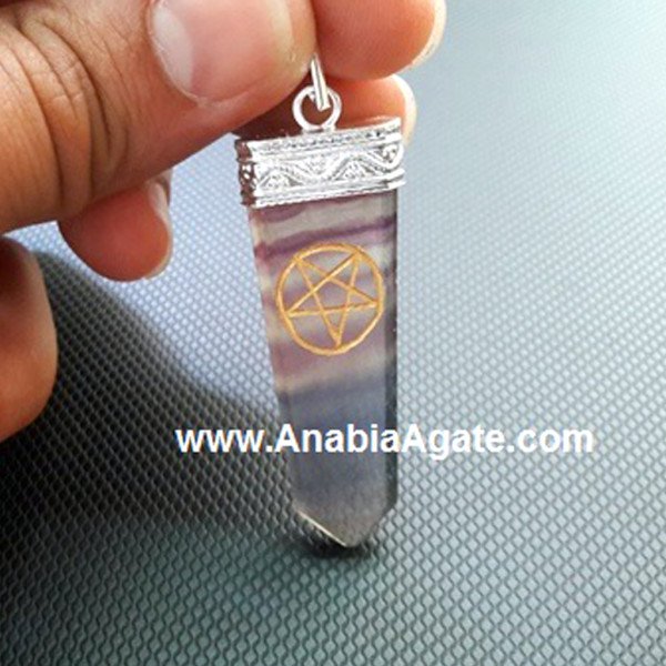 Purple Fluorite Engraved Star Flat Stick Pendant - Handcrafted Jewelry