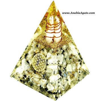 Rainbow Moonstone Orgone Pyramid with Flower of Life