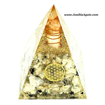Rainbow Moonstone Orgone Pyramid with Flower of Life