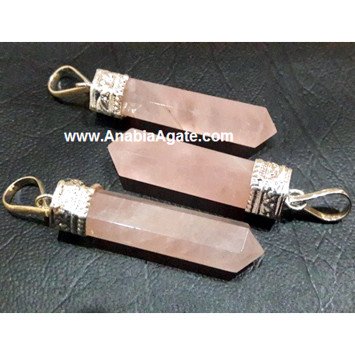 Rose Quartz Cap Pencil Pendants - Handcrafted Gemstone Jewelry