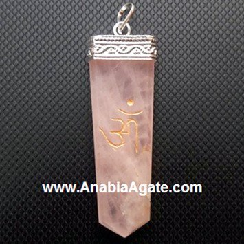 Rose Quartz Engraved OM Flat Stick Pendant