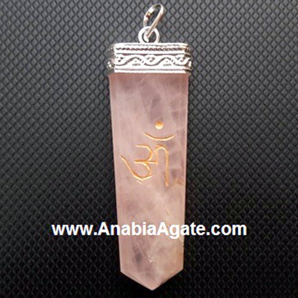 Rose Quartz Engraved OM Flat Stick Pendant