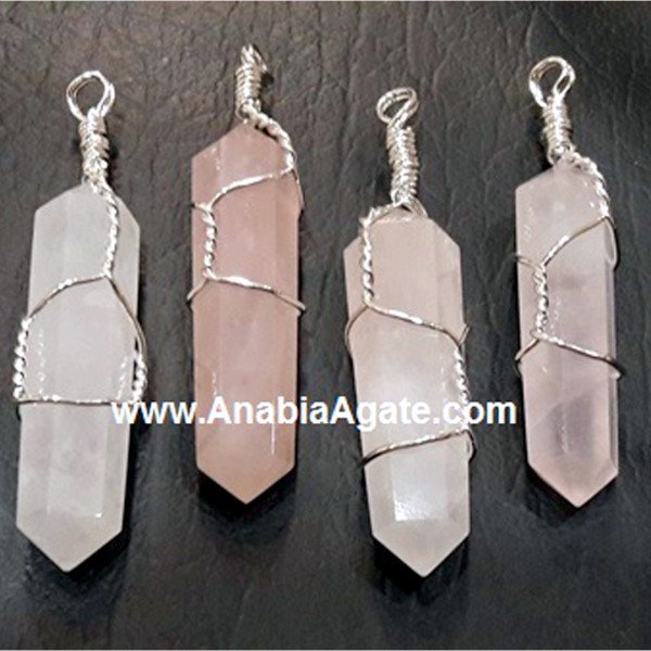 Rose Quartz Silver Wire Wrapped Double Point Pencil Pendant