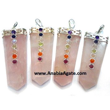 Rose Quartz flat Stick Pendant With Chakra Cabs