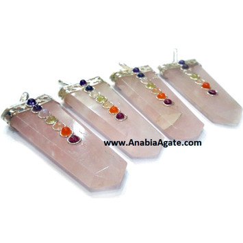 Rose Quartz flat Stick Pendant With Chakra Cabs